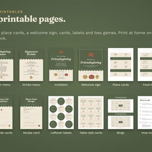 Twelve of the 27 Thanksgiving printables in a grid: dinner menu, drinks menu, invitation, welcome sign, place cards, food tents, gratitude cards, recipe card, leftover labels, table-talk cards, bingo and a how-to page.