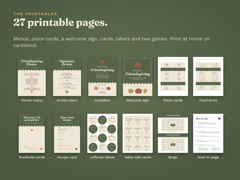 Twelve of the 27 Thanksgiving printables in a grid: dinner menu, drinks menu, invitation, welcome sign, place cards, food tents, gratitude cards, recipe card, leftover labels, table-talk cards, bingo and a how-to page.