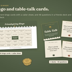 A Friendsgiving bingo card and four table-talk question cards. The set has 10 bingo cards, a caller sheet and 48 questions in two decks.