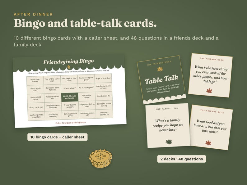 A Friendsgiving bingo card and four table-talk question cards. The set has 10 bingo cards, a caller sheet and 48 questions in two decks.