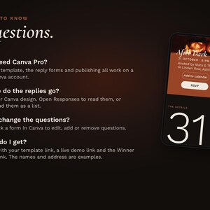 Buyer questions answered: Canva Pro is not needed, where the replies go, how to change the form questions and what is included. A phone shows the invitation page.