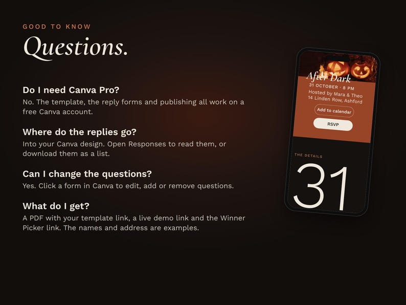 Buyer questions answered: Canva Pro is not needed, where the replies go, how to change the form questions and what is included. A phone shows the invitation page.