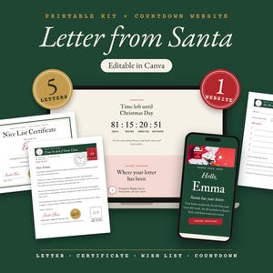 Letter from Santa kit: a printed letter from Santa, a Nice List certificate and a wish list next to a laptop and a phone that show the Christmas countdown website. Editable in Canva.