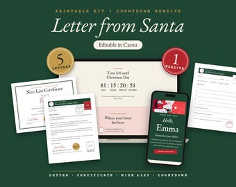 May include: A printable kit featuring a Letter from Santa, a Nice List Certificate, and a My Wish List for Santa. The kit includes a countdown website editable in Canva, displayed on a laptop screen and a smartphone, with text in English.