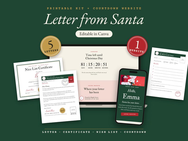 Letter from Santa kit: a printed letter from Santa, a Nice List certificate and a wish list next to a laptop and a phone that show the Christmas countdown website. Editable in Canva.
