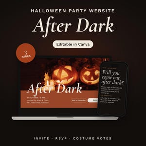 May include: A digital Halloween party website template titled After Dark, displayed on a laptop screen and a smartphone. The design features carved jack-o'-lanterns, orange and dark brown colour schemes, and text including event details.