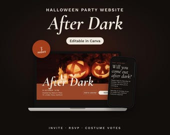 May include: A digital Halloween party website template titled After Dark, displayed on a laptop screen and a smartphone. The design features carved jack-o'-lanterns, orange and dark brown color schemes, and text including event details.