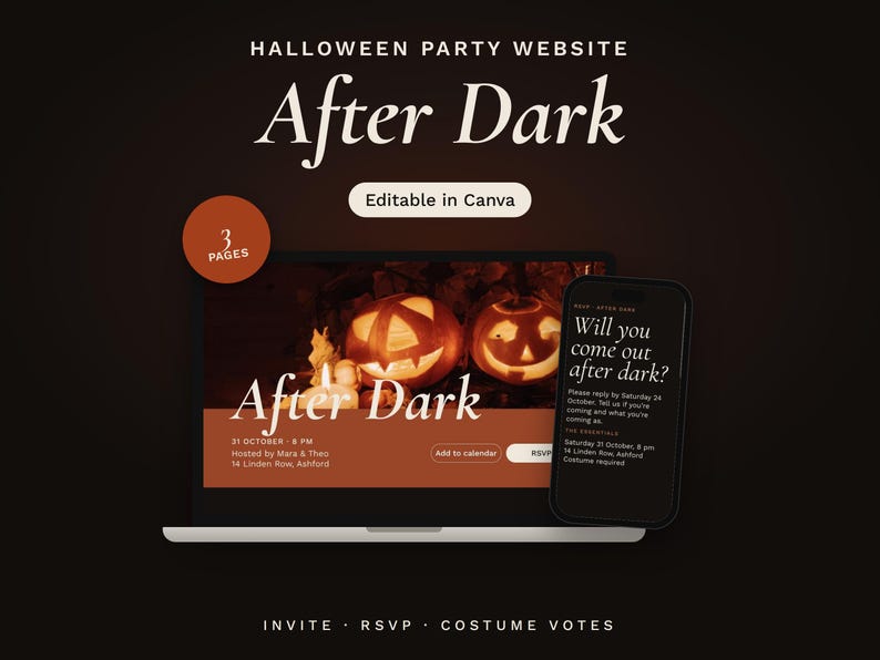 After Dark Halloween party invitation website on a laptop and a phone. The laptop shows carved pumpkins and the party details. The phone shows the RSVP page. Three pages, editable in Canva.