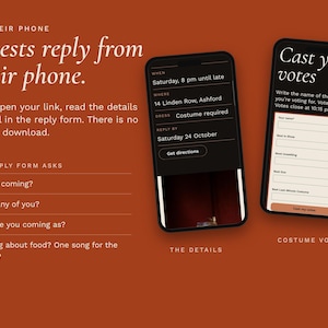 Two phones showing the party details and the costume vote form, next to the list of questions the reply form asks.