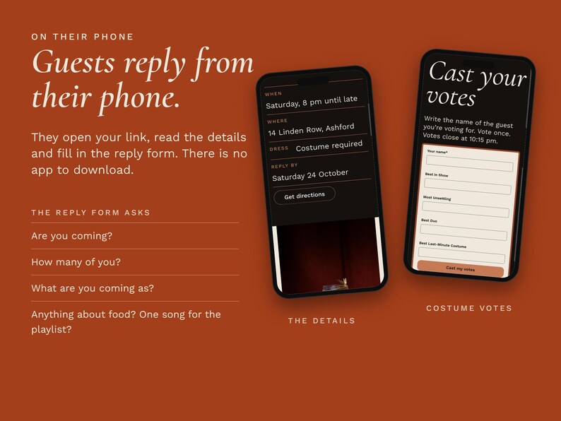 Two phones showing the party details and the costume vote form, next to the list of questions the reply form asks.