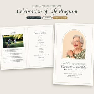 May include: A funeral program template titled Celebration of Life Program, featuring an arched photo frame, text fields for an order of service, and a biography section. The design includes the name Eleanor Rose Whitfield and dates.