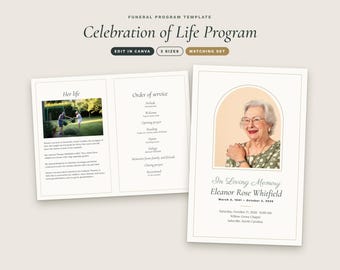 May include: A funeral program template titled Celebration of Life Program, featuring an arched photo frame, text fields for an order of service, and a biography section. The design includes the name Eleanor Rose Whitfield and dates.