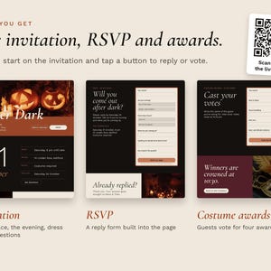 The three website pages side by side: the invitation, the RSVP form and the costume awards voting page. A QR code opens the live demo.