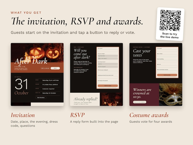 The three website pages side by side: the invitation, the RSVP form and the costume awards voting page. A QR code opens the live demo.