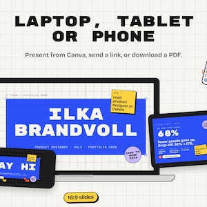 The portfolio slides shown on a laptop, a tablet and a phone.