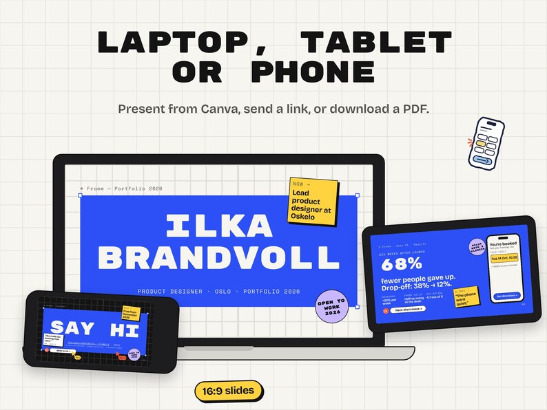 The portfolio slides shown on a laptop, a tablet and a phone.