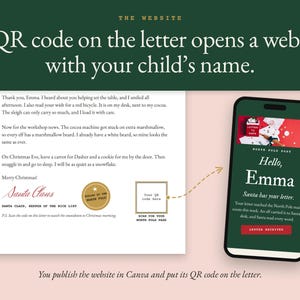 The QR code box on the Santa letter with an arrow to a phone. The phone shows the website: "Hello, Emma. Santa has your letter."