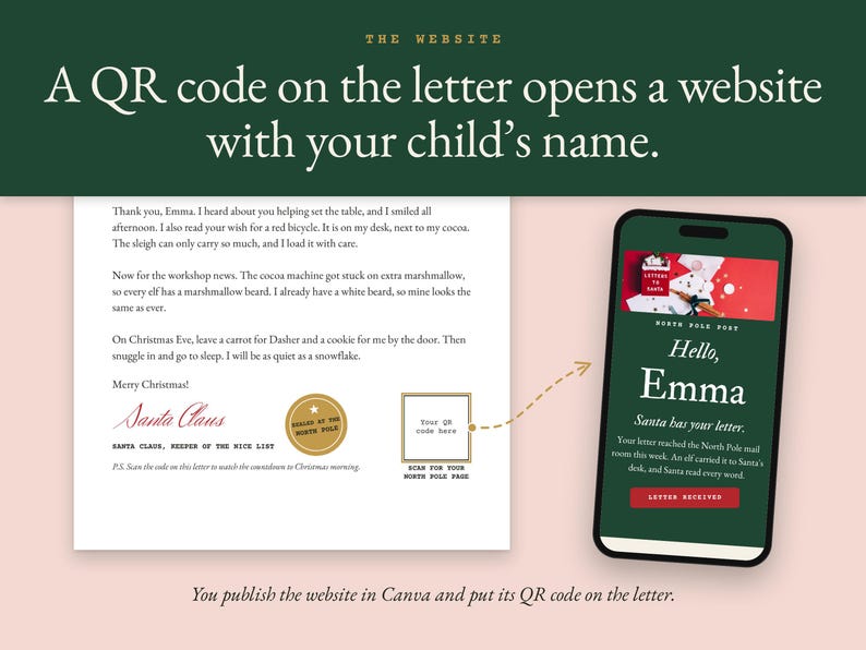 The QR code box on the Santa letter with an arrow to a phone. The phone shows the website: "Hello, Emma. Santa has your letter."