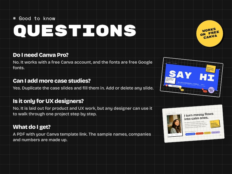 Buyer questions answered: Canva Pro is not needed, how to add more case studies, who the template suits and what is included.