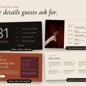 Four parts of the invitation page: date and place, the evening hour by hour, dress code and costume awards, and guest questions with answers.