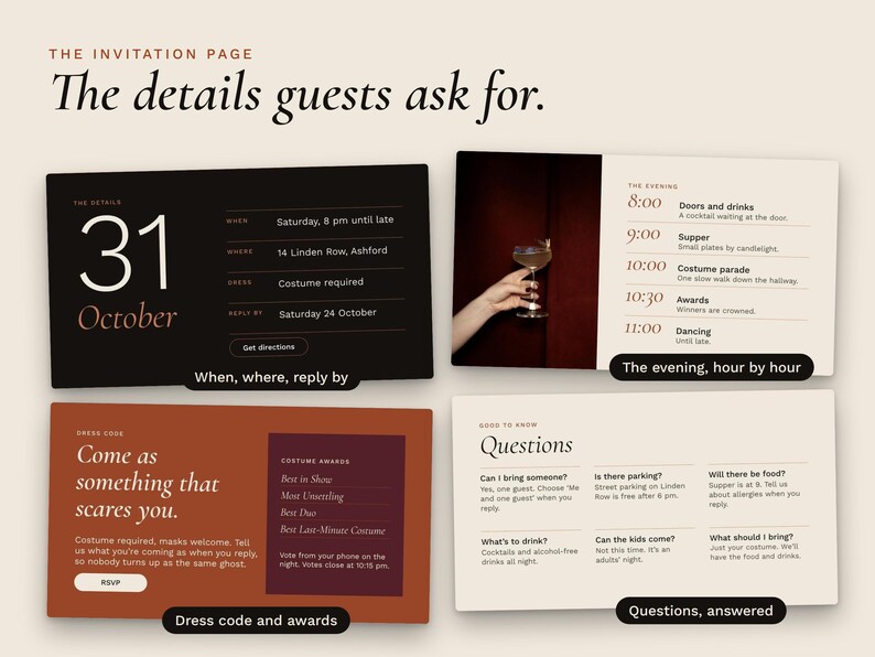 Four parts of the invitation page: date and place, the evening hour by hour, dress code and costume awards, and guest questions with answers.