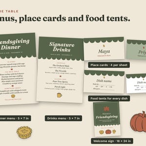 Printed Friendsgiving dinner menu and drinks menu, 5 x 7 in, with place cards, food tents for each dish and an 18 x 24 in welcome sign.