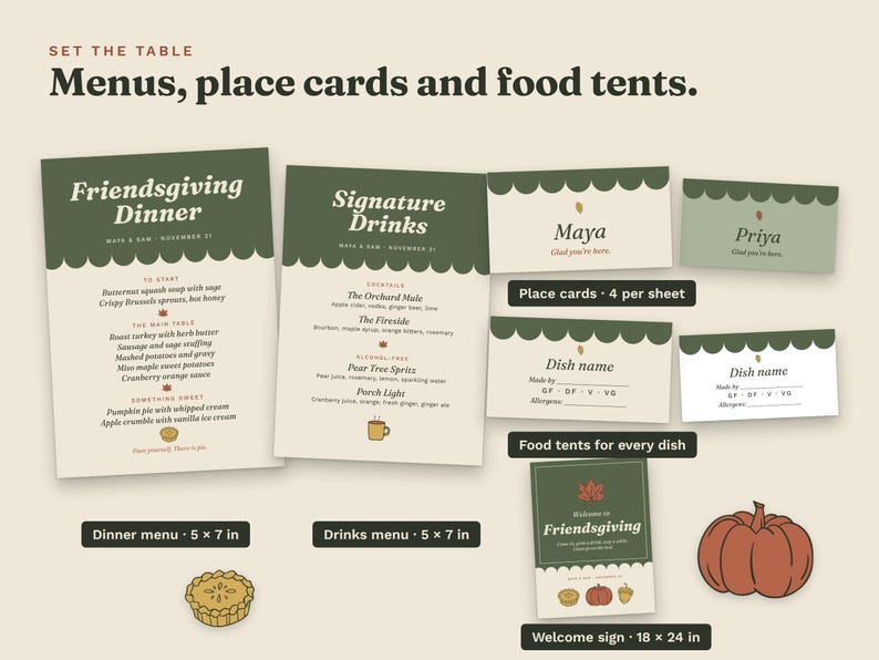 Printed Friendsgiving dinner menu and drinks menu, 5 x 7 in, with place cards, food tents for each dish and an 18 x 24 in welcome sign.