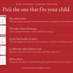 The five Santa letters in the kit: the classic letter, the baby's first Christmas, a new big brother or sister, a child who asks if Santa is real, and after a move.