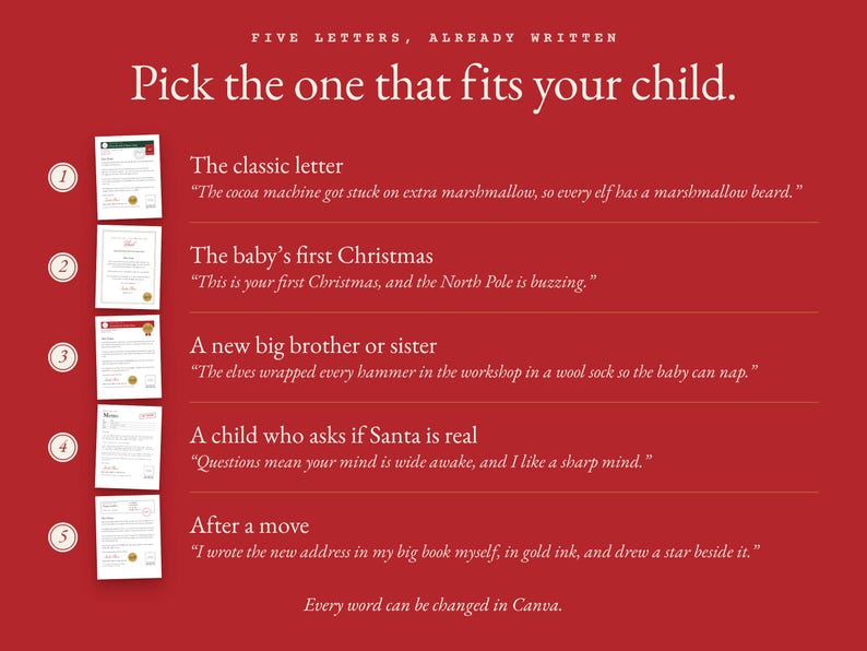The five Santa letters in the kit: the classic letter, the baby's first Christmas, a new big brother or sister, a child who asks if Santa is real, and after a move.