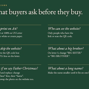 Six questions answered: printing on A4, skipping the website, Father Christmas, who can see the website, a big brother, a long name.