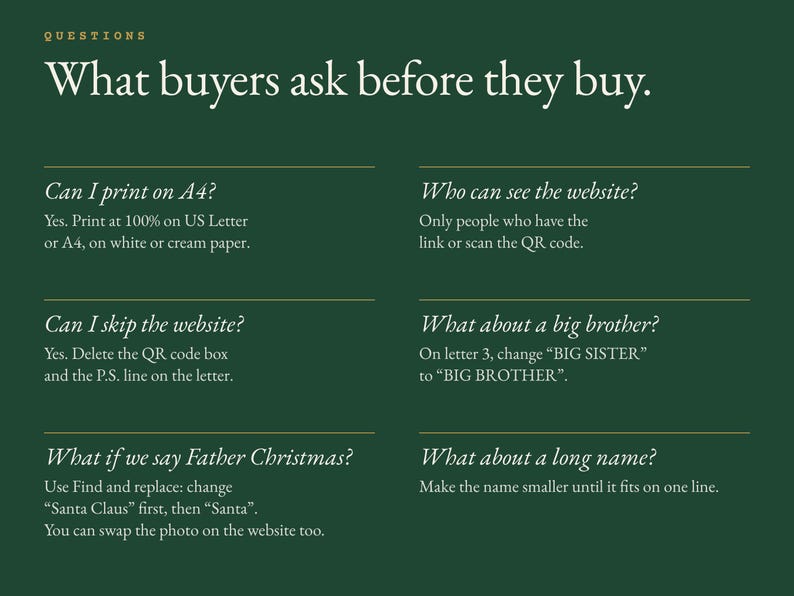 Six questions answered: printing on A4, skipping the website, Father Christmas, who can see the website, a big brother, a long name.