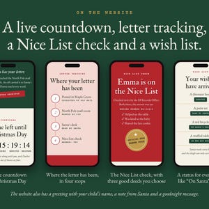 Four phone screens of the website: a live countdown to Christmas Day, letter tracking in four stops, the Nice List check and the wish list with a status for every wish.