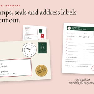 A cream envelope with a North Pole address label, stamp and seals cut from the kit, next to the "My Wish List for Santa" page.