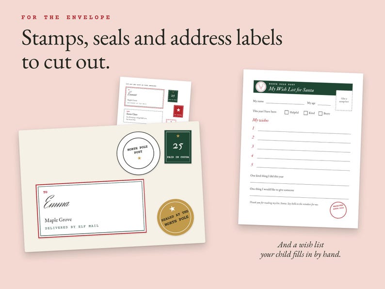 A cream envelope with a North Pole address label, stamp and seals cut from the kit, next to the "My Wish List for Santa" page.
