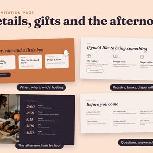 Four parts of the invitation page: when and where, gift ideas with a registry and a diaper raffle, the afternoon hour by hour, and guest questions with answers.