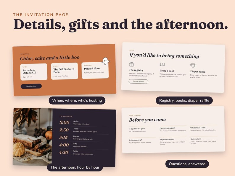 Four parts of the invitation page: when and where, gift ideas with a registry and a diaper raffle, the afternoon hour by hour, and guest questions with answers.