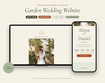May include: A Canva wedding website template featuring a laptop and smartphone display. The design includes the text Garden Wedding Website, RSVP Form, Countdown, 11 Sections, Printables, Edit in Canva, and Maya & Daniel with a countdown timer.