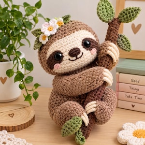 May include: A brown crocheted sloth plush toy with a cream-colored face, black eyes, and pink cheeks. It wears a crown of white and yellow flowers with green leaves and is holding onto a brown crocheted tree branch with green leaves.