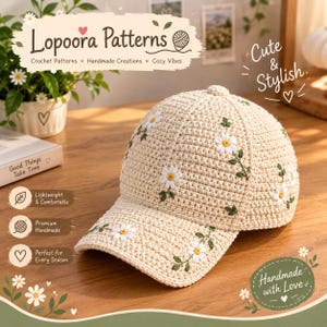 May include: A beige crochet baseball cap featuring embroidered white daisy flowers with green stems and leaves. The cap has a structured crown and a curved brim, with the floral pattern distributed across the front panels and the brim.