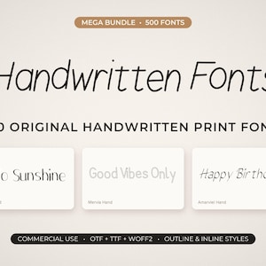 May include: A digital graphic displaying a mega bundle of 500 handwritten fonts. The text reads Handwritten Fonts, 500 Original Handwritten Print Fonts, and includes samples labeled Risora Hand, Mervia Hand, and Amarviel Hand. Features commercial use, OTF, TTF, WOFF2, outline, and inline styles.