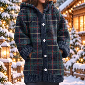 May include: A long-sleeved hooded cardigan featuring a dark green, navy blue, and black plaid pattern with thin red and yellow grid lines. The garment has a thick ribbed hem and cuffs, a front button closure with four white buttons, and two pockets.
