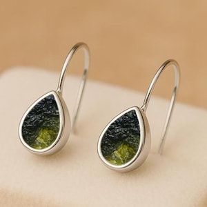 Genuine Natural Moldavite Teardrop Earrings – Sterling Silver Hook Dangle | Authentic Czech Tektite Green Gemstone |