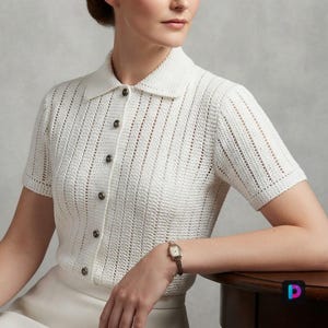 May include: A white short-sleeved polo shirt featuring a vertical knit texture with openwork stripes. The garment has a classic collar and a front button placket with six dark buttons. The shirt is paired with a plain white skirt and a wrist watch.