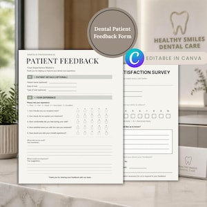 Puede incluir: Un formulario de comentarios para pacientes dentales en color blanco con texto negro, que incluye secciones para detalles del paciente, valoraciones de la experiencia y comentarios. El documento lleva el título Patient Feedback.