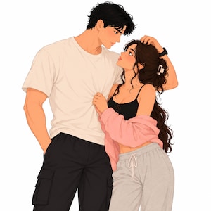 May include: A digital illustration of two figures standing close together. One figure wears a white t-shirt and black cargo pants. The other figure has long wavy dark hair, wearing a black tank top, a light pink cardigan, and grey sweatpants.