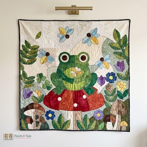 Frog Quilt Pattern, Frog on Mushroom Raw Edge Applique PDF, Cottagecore Toadstool Wall Hanging, Whimsical Quilt, Easy Beginner, 4 Sizes