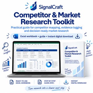 May include: SignalCraft Competitor & Market Research Toolkit featuring an Excel workbook displayed on a laptop screen and a printed guide. The digital product includes competitor mapping, evidence logging, and market research tools for analysis.