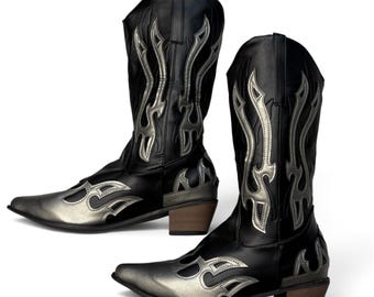 Black Metal Toe Cowboy Boots Western Punk Y2K Unisex Vintage Style