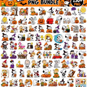 Puede incluir: Una colección digital de más de 130 gráficos PNG de Snoopy Halloween que muestran al personaje con varios disfraces, interactuando con calabazas, fantasmas y otros personajes de Peanuts, con el texto Snoopy Halloween PNG Bundle arriba.