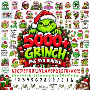 Op de afbeelding: Een digitale collectie van meer dan 5000 Grinch-thema PNG en SVG afbeeldingen met diverse illustraties van het groene personage, kerstelementen, alfabetletters, cijfers en teksten zoals 5000+ GRINCH PNG SVG BUNDLE en MERRY GRINCHMAS.